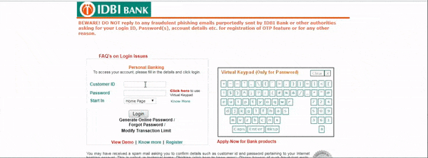E-Verify ITR Through IDBI Bank Net Banking Portal Service - 2nd Step